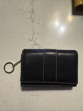 Coach Black Leather Key Wallet with White Stitching